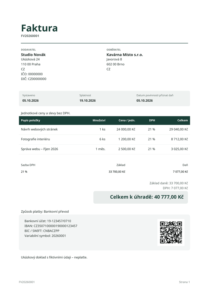 Ukázková faktura FV20260001 v PDF: dodavatel Studio Novák, odběratel Kavárna Místo s.r.o., tři položky, rekapitulace DPH 21 %, celkem k úhradě 40 777,00 Kč a QR kód pro platbu.