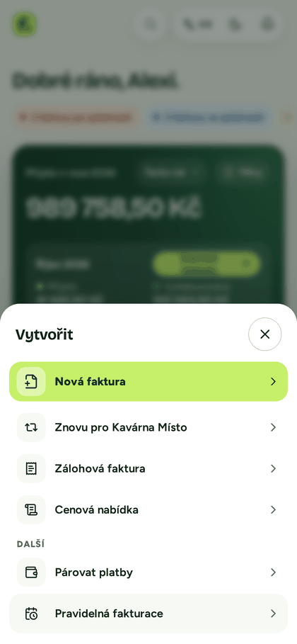 Nabídka pro vytvoření nového dokladu v telefonu.