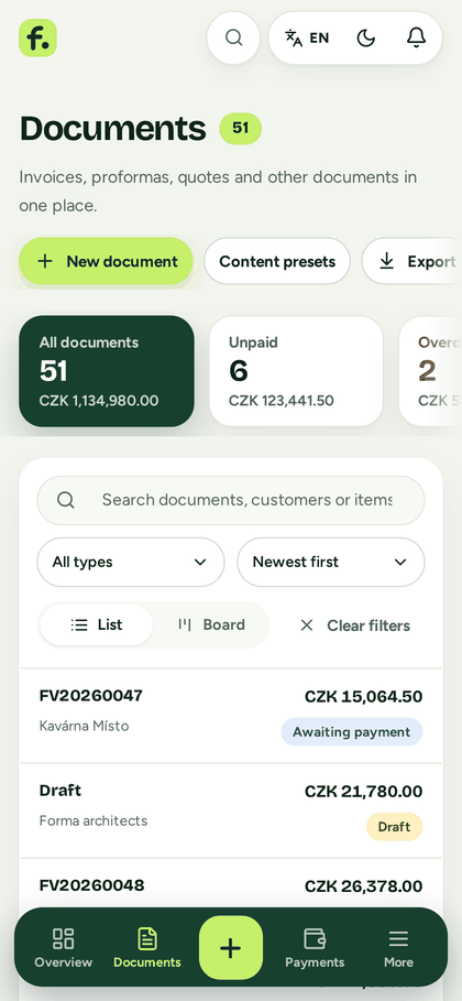 The document list on a phone with statuses and amounts.
