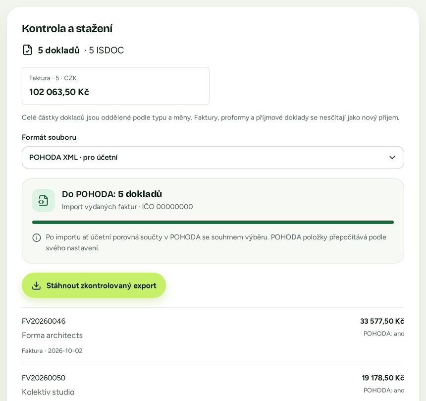 Kontrola exportu ve Fakturiu: pět faktur v korunách připravených pro POHODU a tlačítko pro stažení zkontrolovaného exportu.